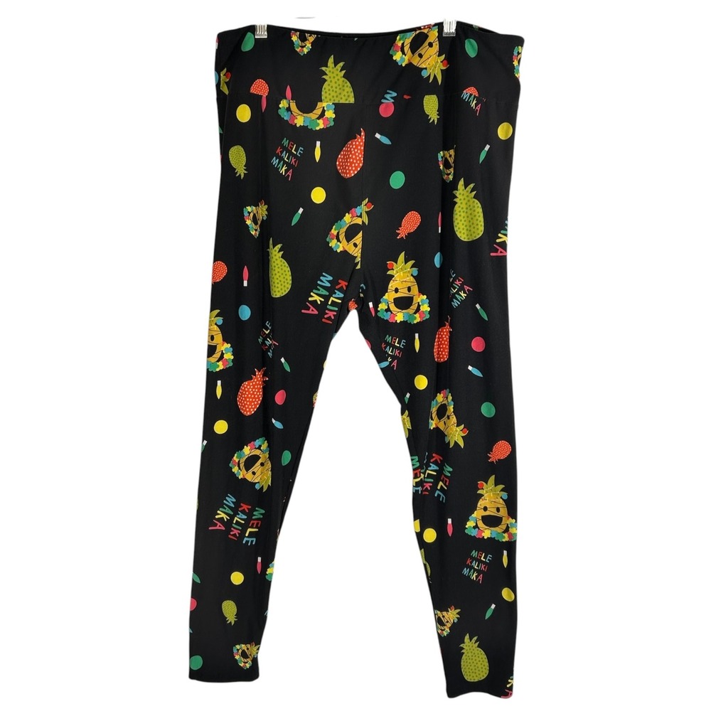 LuLaRoe TC2 Leggings Mele Kalikimaka Hawaiian Christmas Pineapple Black Plus Sz